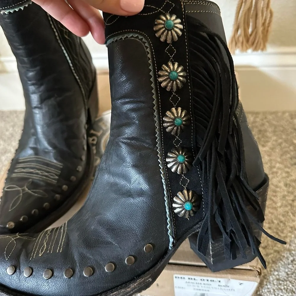 Double D ranch x Old Gringo Black and turquoise fringe cowboy boots - Picture 7 of 12